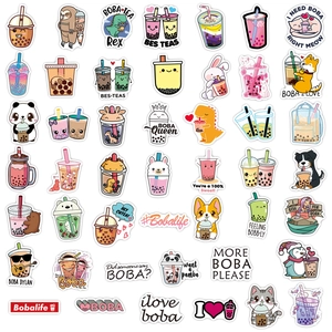 Flat lay of colorful waterproof boba tea stickers featuring cute animals and kawaii art