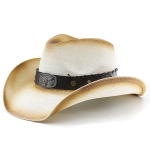 Western straw cowboy hat with vintage bull head buckle and paint-brushed edges
