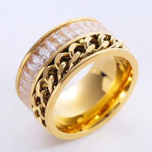 Golden Cuban chain style ring featuring high-quality rectangular-cut clear zircon stones