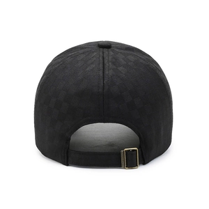Men's black checkered baseball cap featuring a rear view and adjustable metal buckle