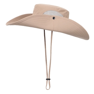 Khaki outdoor sun hat with wide brim, breathable mesh and adjustable chin strap