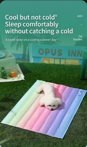 Alfombra de enfriamiento arcoíris para mascotas con un perro blanco en superficie de gel