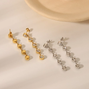 Linear 18K gold and silver stainless steel tassel earrings with round cubic zirconia