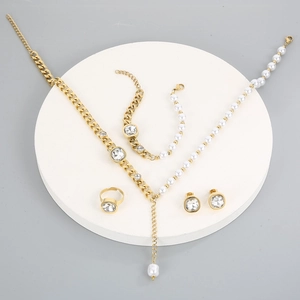 Golden titanium steel jewelry set with square zircon, pearls, necklace, bracelet and ring