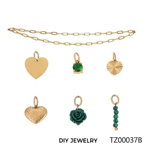Golden stainless steel DIY jewelry set with green gemstone and heart pendants