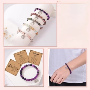 Tree of Life bracelet set with natural amethyst and healing stones on purple gift cards
