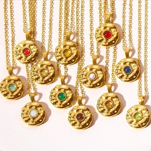 Birthstone Pendant Necklace Stainless Steel Gold Plated Hammered Round Coin Medallion Vintage Jewelry For Women