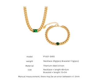 Detail view showing dimensions of Cuban chain jewelry set with green cubic zirconia