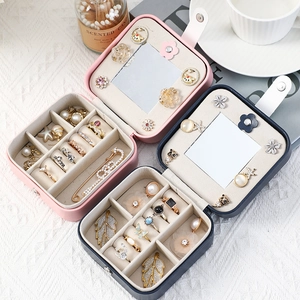 Dual-layer jewelry storage box with mirror and crown design in pink and navy blue