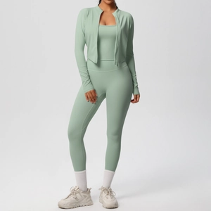 Three-piece yoga set including zip-up jacket, sports bra and high-waist leggings