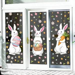 Easter Bunny Egg Static Window Clings Colorful Cartoon Rabbit Carrot Floral Decals For Glass Window Party Home Decor