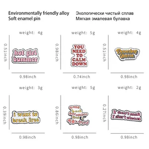 Detailed size chart for six text-themed enamel brooch pins with weights and dimensions