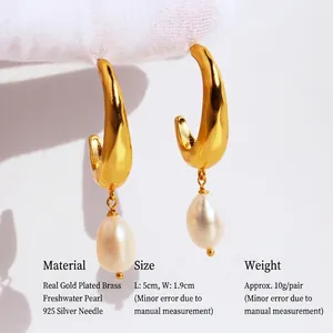Vintage hammered gold drop earrings with natural pearls and 925 silver needles