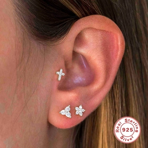 S925 sterling silver cross and cluster zircon stud earrings set for multiple piercings