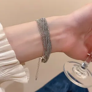 Multilayer Copper Chain Bracelet For Women Silver Plated Minimalist Geometric Bead Link Adjustable Fashion Jewelry