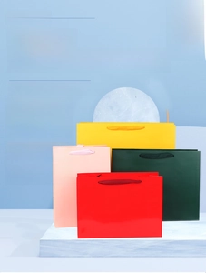 Detail of high-quality gift paper bags with woven rope handles in assorted colors