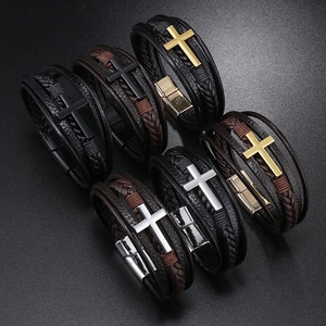 Multilayer braided leather bracelets with metal cross charms and magnetic clasps