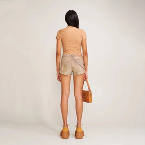 Slim-fit faded sports tee paired with denim shorts and retro platform sneakers