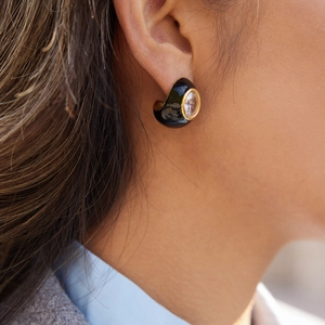 Elegant gold-plated teardrop earrings with black enamel inlay and white zircon stone