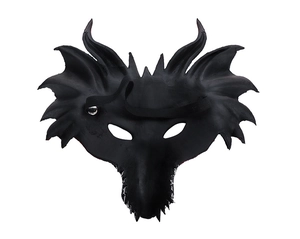 Detail of the back of a black dragon mask showing elastic strap and secure attachment