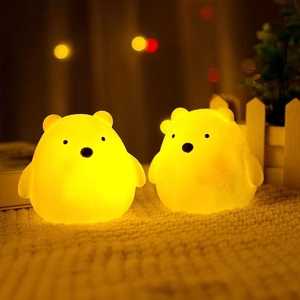 Close-up of two glowing yellow bear-shaped night lights on a cozy knitted surface