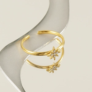 Bague ajustable en acier inoxydable doré 18 carats avec étoile et cristaux