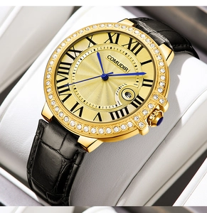Macro view of gold stainless steel watch bezel with diamond inlay and roman numerals