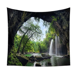 Bohemian tropical waterfall tapestry wall hanging with lush rainforest cave landscape view