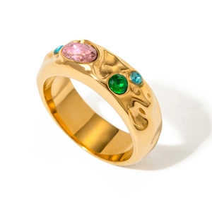 Hammered gold titanium steel ring with colorful zircon stones in a vintage luxury style