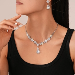 Elegant Teardrop Zircon Copper Jewelry Necklace And Earrings For Wedding Bridal Banquet Formal Occasions Luxury Style