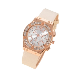 Rose gold crystal watch with beige strap and rhinestone bezel on white background