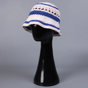 Handmade Cotton Crochet Bucket Hat Striped Hollow Knit Sun Protection Foldable Casual Vintage Accessories For Women