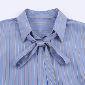 Blusa holgada de rayas verticales con cuello de lazo en azul y marrón, vista plana