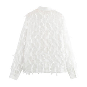 Elegant white long sleeve women shirt with unique feather fringe texture and lapel
