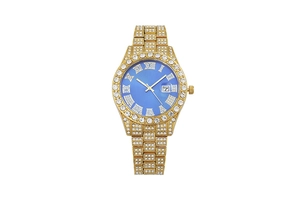 Close-up of luxury gold iced-out watch with blue dial and diamond-set roman numerals