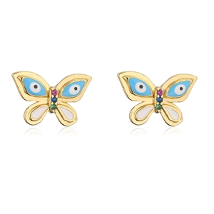 Detail of 18K gold plated copper butterfly earrings with blue enamel and colorful zircons
