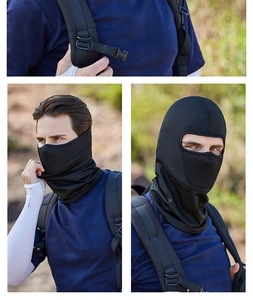 Detail of black cycling face mask showing breathable nose mesh and outdoor tactical headwear