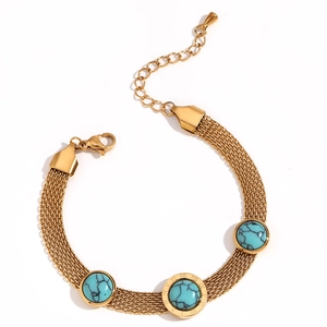 Vintage 18K gold mesh chain bracelet with round turquoise and Roman numeral ring