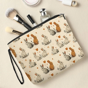 Easter bunny makeup bag with double-sided rabbit and heart prints and wrist strap