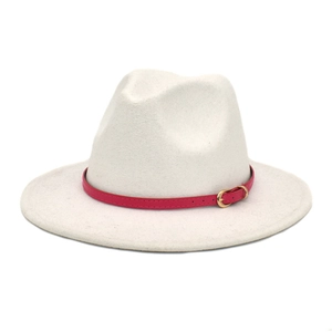 Detail of cream wool fedora hat featuring a magenta leather belt and golden buckle