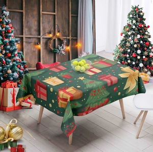 Detail of dark green Christmas tablecloth with red gift boxes and tree patterns