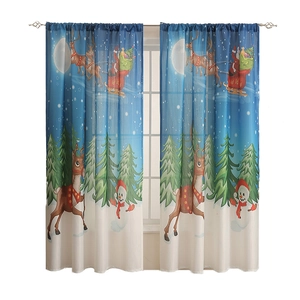 Blue and white gradient Christmas curtains with Santa, reindeer and snowman festive patterns