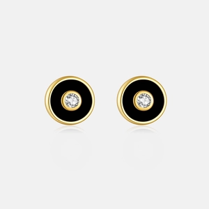 Detail view of round S925 sterling silver evil eye stud earrings with cubic zirconia inlay