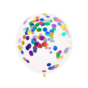 Macro shot of 12-inch clear latex balloon with vibrant colorful confetti for party decor