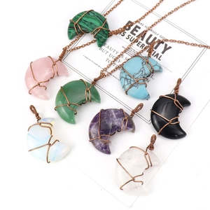 Handmade wire wrapped moon shaped natural stone crystal pendants with copper chains