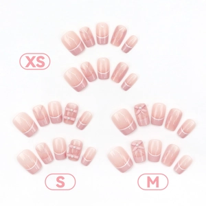 Unghie finte French rosa con fiocchi 3D e perle, taglie XS, S, M, forma squadrata-ovale