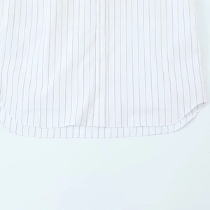 Vertical white striped shirt featuring curved hem detail and premium sewing finish