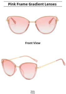 Front and 45-degree side views of pink cat eye sunglasses with golden metal temples