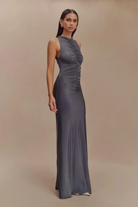 Detailed view of dark grey sleeveless maxi dress featuring elegant front pleats and ruching