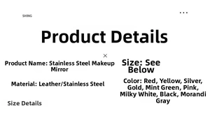 Detailed list of stainless steel travel mirror colors with dimensions and leather materials